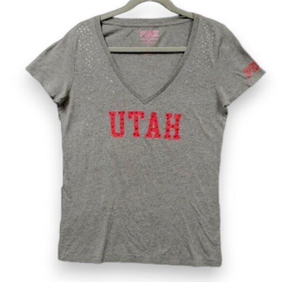 Victoria Secret Pink Blouse Top Sequins Bling Gray Red Utah Logo‎ Womens Large - Picture 1 of 12